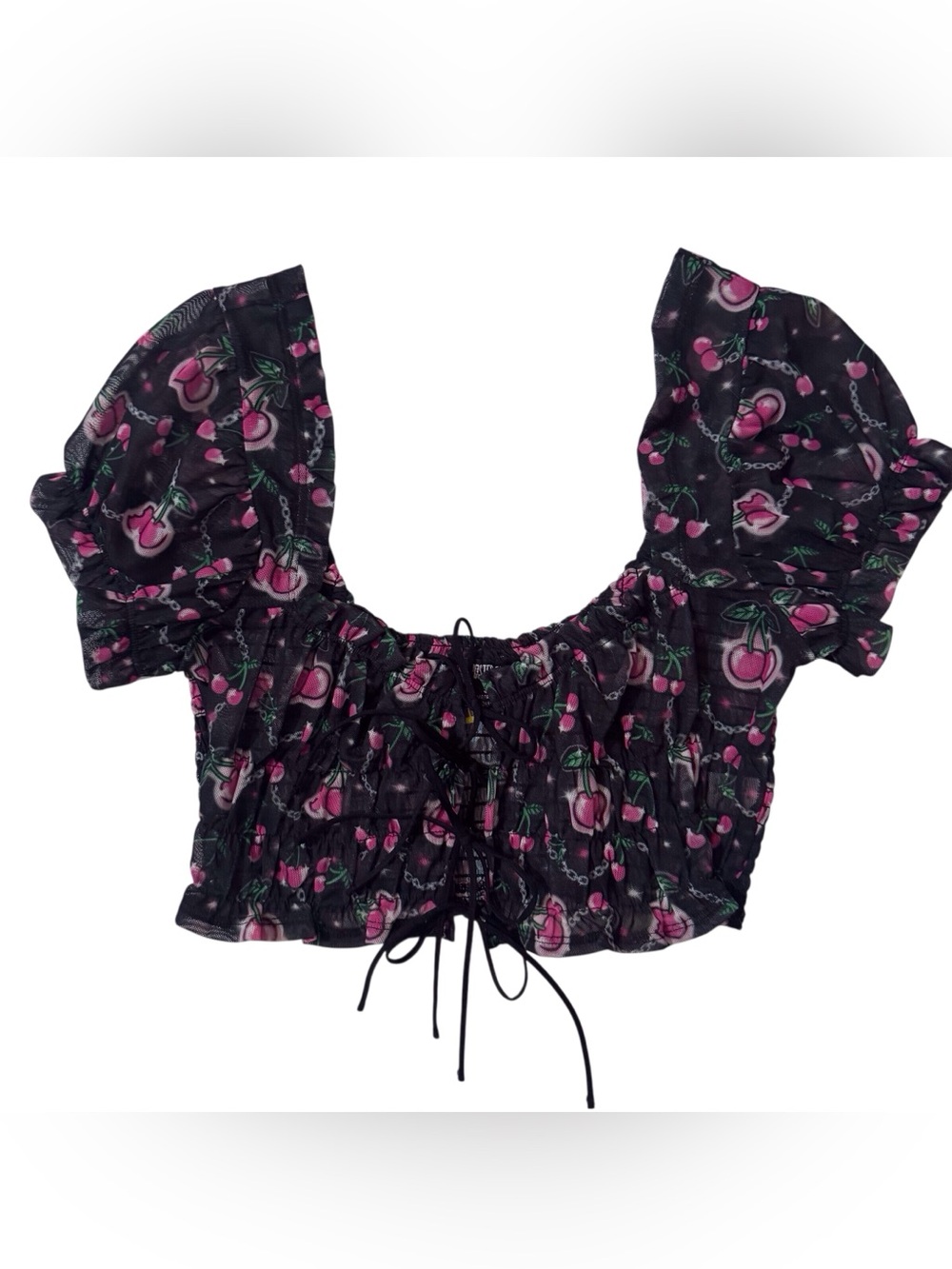 Poster Grl Size Small Cherry Chain Print Tie Up Front Babydoll Top Blouse Sheer